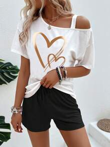 SHEIN LUNE 2pcs/Set Women Heart Print Asymmetrical Neck Short Sleeve Top And Shorts Set - Black and White - View 3
