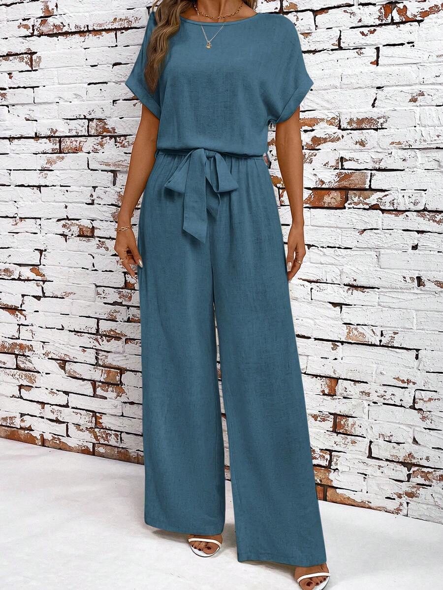 SHEIN Clasi 女士亚麻宽松蝙蝠袖连体裤，纯色，休闲舒适，春夏 - 水鴨藍 - 查看 1
