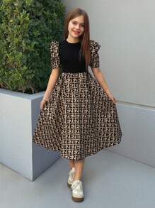 Firerie Kids Firerie Kids Nova Glow Tween Girls' Cute Geometric Print Splice Short Sleeve Solid Color Mid-Length Dress - Black - View 4