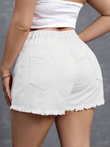 SHEIN Essnce 大码夏季纯色磨边口袋牛仔短裤 - 白色 - 查看 2