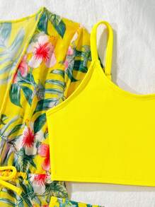 3pcs/Set Toddler Swimwear Set, Random Prints With Ruffle Trim - Yellow - View 3