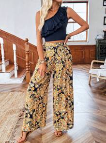 SHEIN LUNE 女士休闲纯色荷叶边露背上衣和腰果印花阔腿裤套装，度假装 - 彩色 - 查看 6