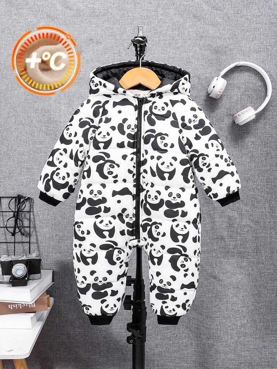 SHEIN Đứa bé trai In gấu trúc Thiết kế tai 3D áo có mũ Cá nóc Áo liền quần - Nhiều màu - Xem 1