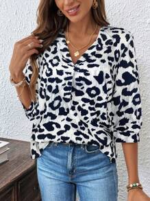 SHEIN LUNE Women's Leopard Print 3/4 Sleeve Casual Loose Blouse Cheetah Print,Casual - Black and White - View 4