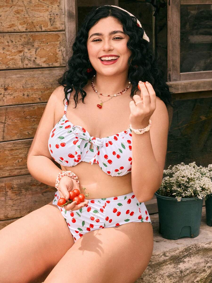 Swim Mod Plus Size Women 2pcs/Set Random Floral Print Steel Hooped Bikini Swimsuit, Sweet & Cute For Beach Holiday