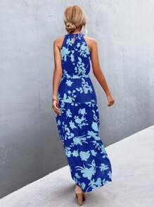 Breezaya Đầm Maxi In Nhiều Lớp Viền Thắt Lưng Halter Trang Phục Đi Biển Cho Nữ - Xanh đậm - Xem 2