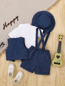 Souflis Souflis Baby Boy Elegant Vintage Style Shirt With Bowtie + Jacquard Blue Suspender Shorts, Gentleman Outfit Suitable For Holiday And Formal Occasions - Royal Blue - View 2