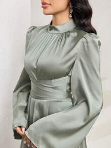 Veilorie Women's Solid Color Stand Collar Lantern Sleeve Elegant Arabian Dress Women Formal Party - Green - View 6