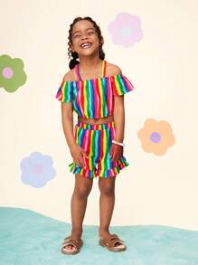 Young Girl Woven Striped Off Shoulder Cami Top With Ruffle Trim Shorts 2pcs Set - Multicolor - View 7