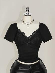 SHEIN ICON 加大码 V 领蕾丝拼接腰部褶饰修身针织上衣，春夏季性感 T 恤，适合作为婚礼嘉宾 - 黑色 - 查看 8