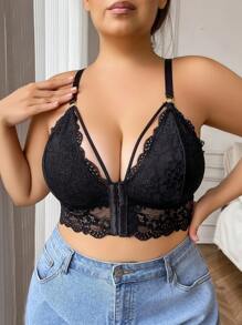 1pc Plus Size Front Closure Wire-Free Lace Lingerie Bra - Black - View 3