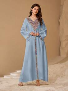 Al Najma Spring/Summer V-Neck Flare Sleeve Hand-Knit Sequins Embroidered Flowy Dress, Modest - Dusty Blue - View 8