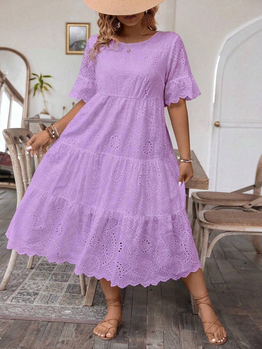Plus Size Women's Elegant Floral Burning Embroidery Round Neck Short Sleeve Dress With Ruffled Hem For Vacation Maxi Women Outfit - Purple - View 1