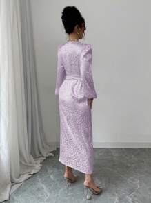Modelyn Women's Light Purple Leopard Print Satin Jacquard Surplice Wrap Front Tie Waist Bodycon Long Sleeve Dress