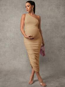 MaterniChic Pregnant Women's Solid Color Sleeveless Ruched Fitted Dress Maternity Dress - Khaki - View 6