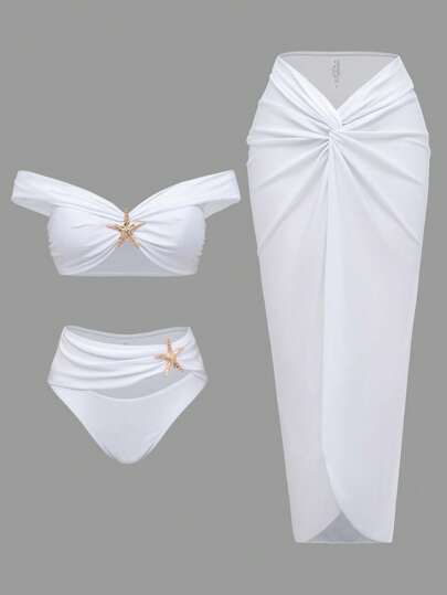 Swim Oasis 3 件套夏季度假纯色性感金色配饰抹胸露肩比基尼 + 高腰前扭纹镂空长裙