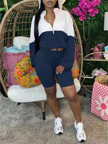 INAWLY Jachetă și pantaloni scurți cu mânecă lungă de culoare contrastantă pentru femei de mărimi plus ocazional, set 2 piese
