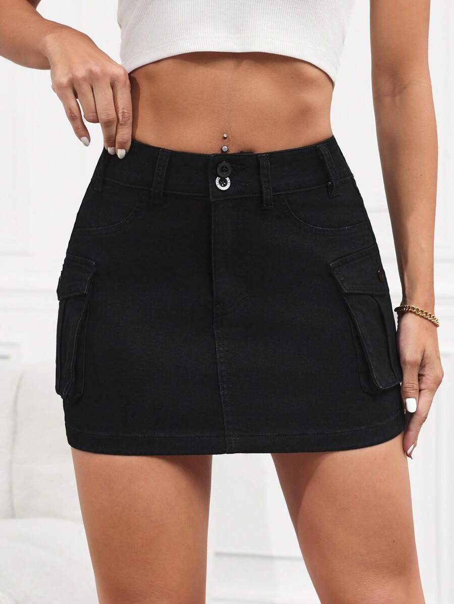 SHEIN Tall Women's Black Denim Mini Skirt: Casual Style With Zipper Detail And Cargo Pockets - Black - View 1