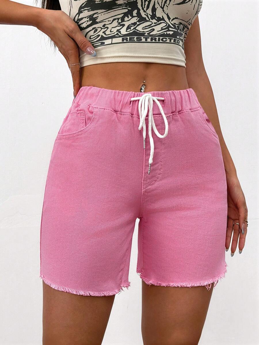 Women's Summer Casual Solid Color Drawstring Waist Denim Shorts - Pink - View 1
