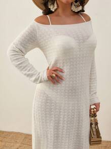 RueChic Women's Sexy Hollow Out Off Shoulder Long Dress, The ShoreGlow Cover-Up Dress – Bare Shoulder Vibes, Knit Texture & Coastal Cool Energy - Apricot - View 5