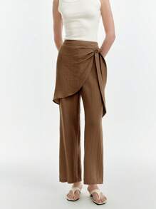 SHEIN Clasi Pantalones casuales con textura y lazo lateral para mujer - Marrón - Ver 5