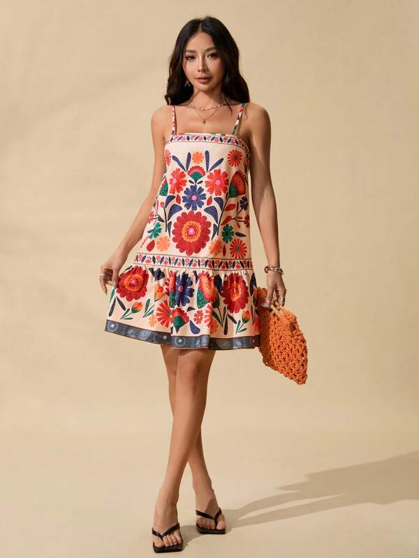 SHEIN PETITE Realistic Printed Suspender A-Hem Dress, Suitable For Beach, Seaside Vacation, Suitable For Summer