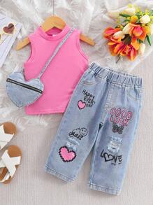 Conjunto de bebé niña de verano compuesto por camiseta de tirantes de unicolor y jeans de mezclilla desgastados con estampado de corazón - Rosa Fucsia - Ver 1