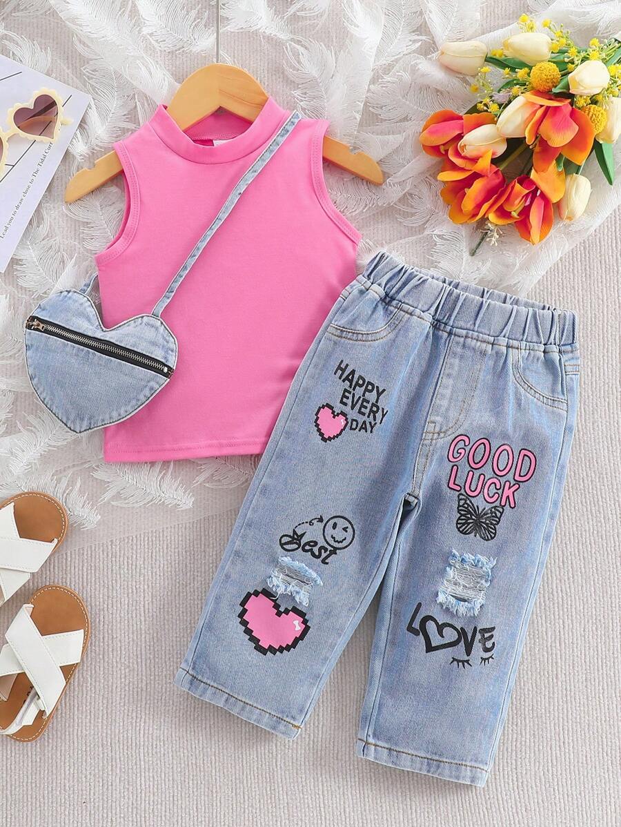 Conjunto de bebé niña de verano compuesto por camiseta de tirantes de unicolor y jeans de mezclilla desgastados con estampado de corazón - Rosa Fucsia - Ver 1