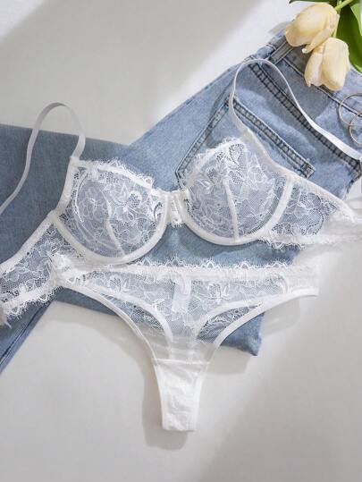 Kanten Underwire Thin Bottom Lingerie Set Includes BH String Slipje view 3