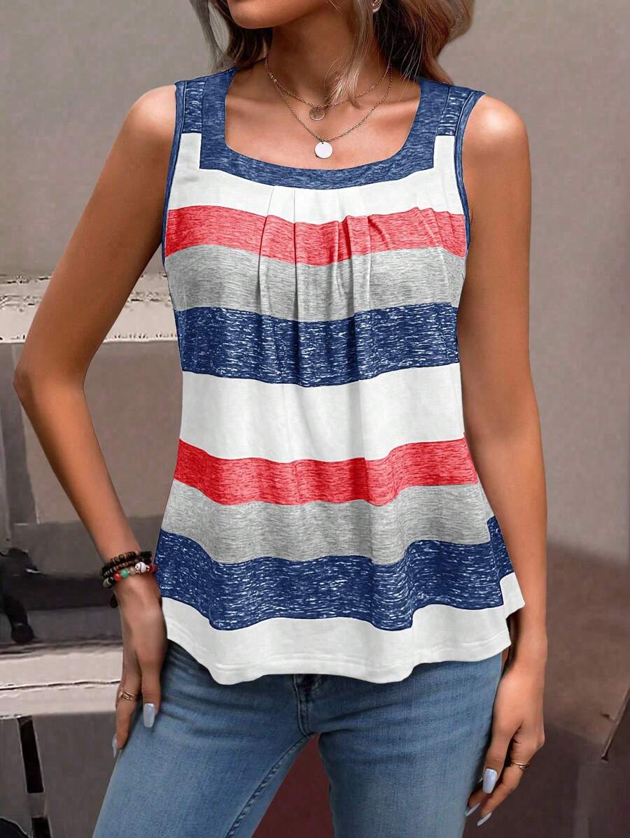 SHEIN LUNE Holiday Casual Color Block Striped Tank Top Graphic Tees Women Tops - Multicolor - View 1