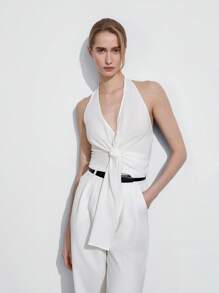 Lumivelle Women's V-Neck Twist Tie Linen Bamboo Fiber Casual Sexy City Shirt, Spring/Summer