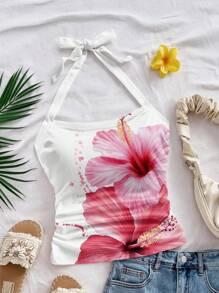 Soleia Women's Vacation Halter Neck Ruched Open Back Tie Knot Slim Fit Camisole Tank Top, Suitable For Summer, Vacation, With Hibiscus Flower Print,Boho,Vacation