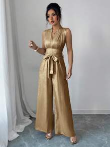 Elenzga Women's Woven Gold Loose Deep V-Neck Jumpsuit With Pockets And Belt, Suitable For Parties, Music Festivals, Eid, Weddings, Summer - Coffee Brown - View 5