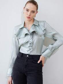 Aveloria Modichic Camisa elegante con cuello de volantes de textura traslúcida, manga larga y botones, ideal para fiestas y celebraciones para maestras - Verde - Ver 6