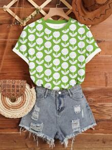 INAWLY Plus Size Women's Summer Floral Printed Round Neck Short Sleeve Casual T-Shirt Graphic Tees Women Tops - Green - View 1