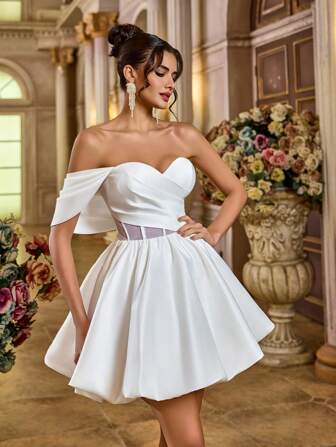 Aureia Elegant Luxurious Noble Palace Style White Satin & Mesh Splice Open Shoulder Strapless Floral Decor Waist Ruched Mermaid Prom Dress, Suitable For Party, Wedding, Graduation, Vacation, Bridal Shower, Bride