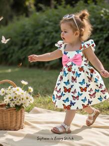 Cozy Pixies Sukienka dla dziewczynek z kwadratowym kołnierzykiem i wzorem motyli, falbaną w talii, uniwersalna i swobodna