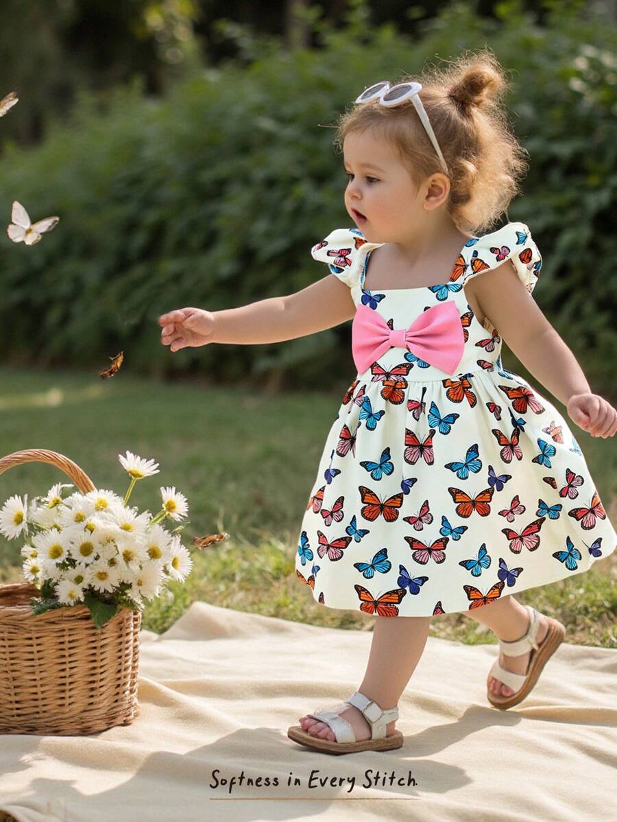 Cozy Pixies Sukienka dla dziewczynek z kwadratowym kołnierzykiem i wzorem motyli, falbaną w talii, uniwersalna i swobodna