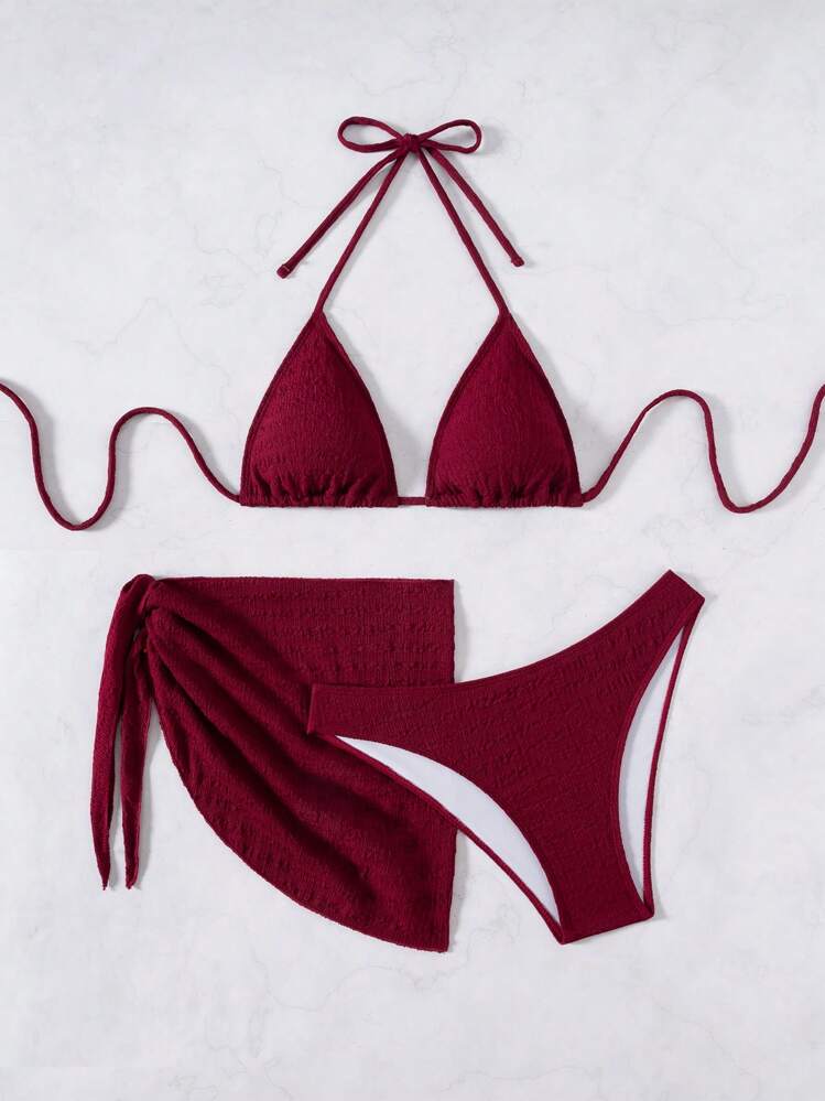 Swim Mod 3pcs Set: Solid Color Halter Tie Bikini Swimsuit Paired With Knotted Mini Skirt For Summer Beach Vacation - Burgundy - View 5