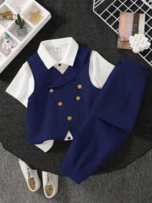 SHEIN Bộ 2 món trang phục lịch lãm và thoải mái dành cho bé trai, bao gồm áo vest màu be và quần lửng màu xanh navy, thích hợp cho mùa xuân/hè, mặc hàng ngày, đi chơi, đến trường, họp mặt, lễ hội, biểu diễn và chụp ảnh. - Màu xanh hải quân - Xem 3