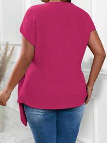 SHEIN LUNE Plus Size Crinkle Textured Crossover Wrap With Knot Side Short Sleeve Casual Outgoing Commute Shirt, Valentine's Day - Red Violet - View 2