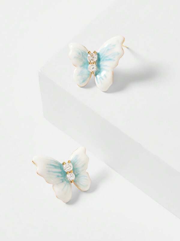 MOTF PREMIUM Pendientes de botón con mariposa azul enchapados en oro de 18K