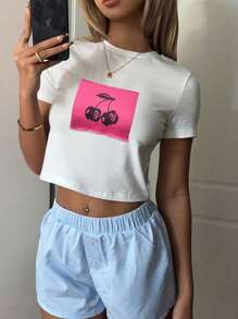 SHEIN EZwear Women's Summer Casual Cherry Print Round Neck Crop Short Sleeve T-Shirt - White - View 6