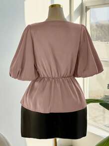 Sweetra Plus Size Woven Taffeta Elegant Pleated Floral Lantern Sleeve Blouse