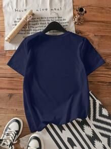 SHEIN EZwear 休闲复古汽车图案圆领短袖女式 T 恤，适合夏季 - 藏蓝色 - 查看 2