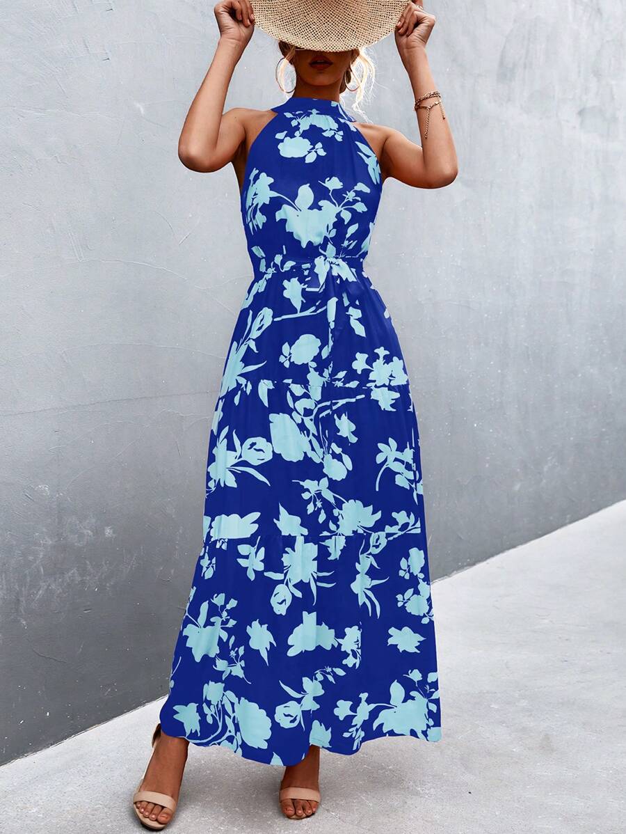 Breezaya Đầm Maxi In Nhiều Lớp Viền Thắt Lưng Halter Trang Phục Đi Biển Cho Nữ - Xanh đậm - Xem 1