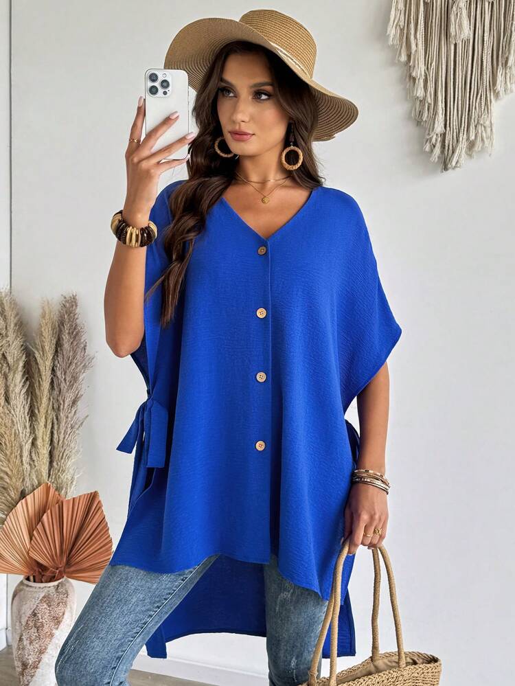 Women's Casual Loose Button Decor Batwing Sleeve Blouse, Summer