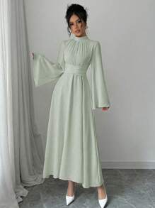 Rafferiza 女士纯色立领长袖简约长裙，休闲日常穿着长款女装 - 綠色 - 查看 5