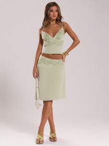 SHEIN BAE Women's Elegant Rhinestone Asymmetric Hem Skirt, Suitable For Summer, Travel, Beach Play