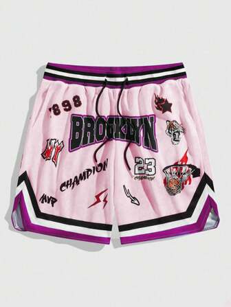 Prep Pantalones cortos casuales sueltos con cordón en la cintura y estampado de letras deportivo para hombres